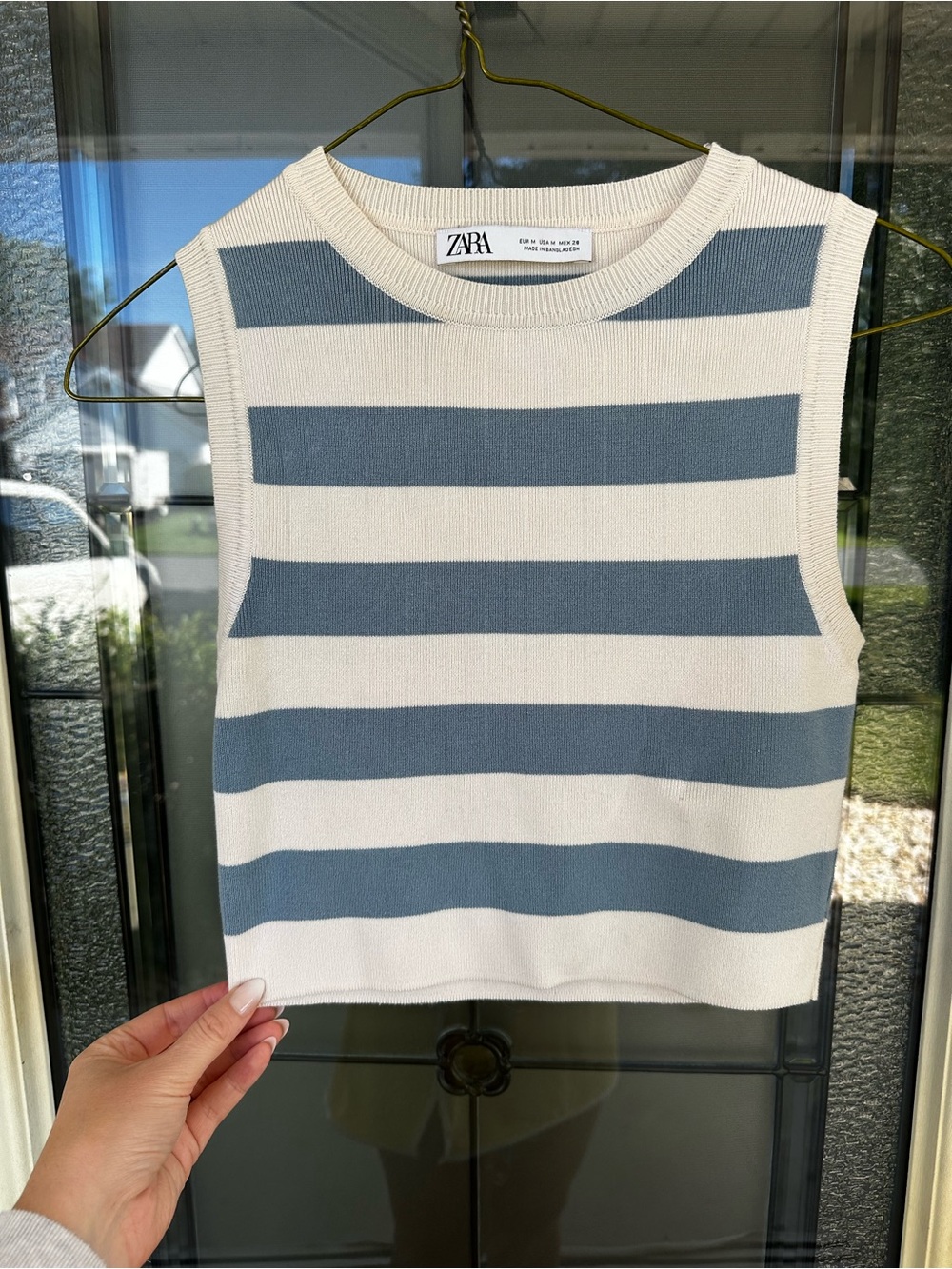 Zara Blue and White Striped Sleeveless Knit Shell